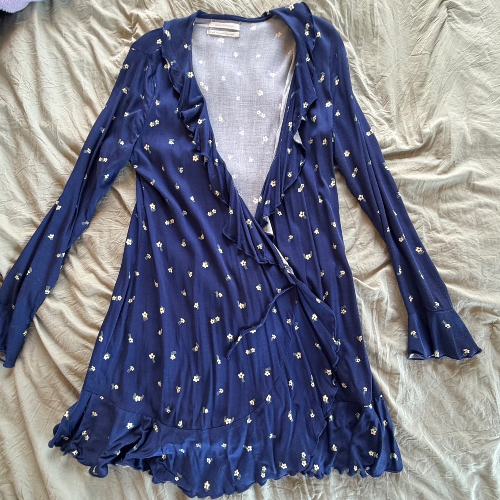 Urban Outfitters Blue Floral Long Sleeve Wrap Dress